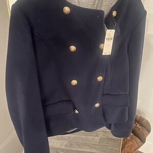 Anthropologie Blue and Gold Pea Coat with Military-Inspired Design